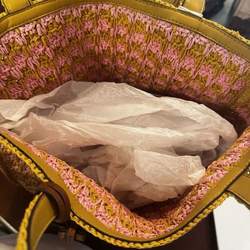 Tory Burch 165844 Straw Tote Pink Carnation Turmeric Raffia Bag NWT